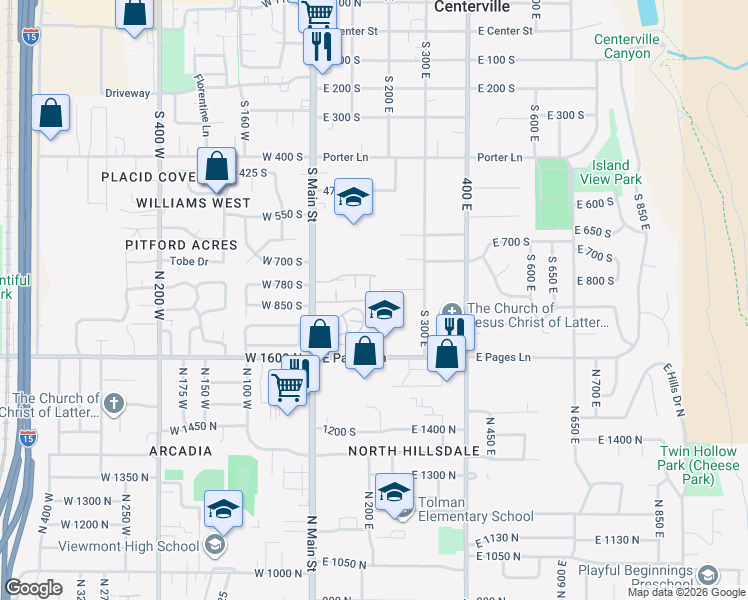 map of restaurants, bars, coffee shops, grocery stores, and more near 207 East 820 South in Centerville