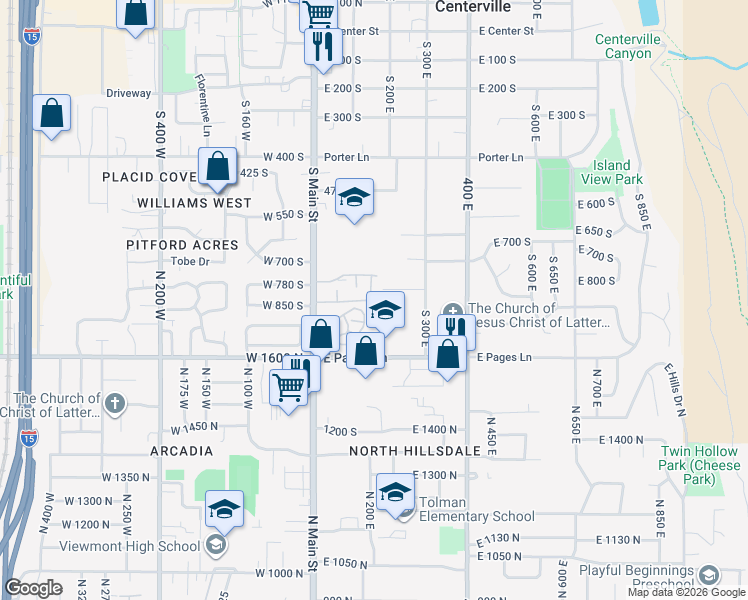 map of restaurants, bars, coffee shops, grocery stores, and more near 207 East 820 South in Centerville