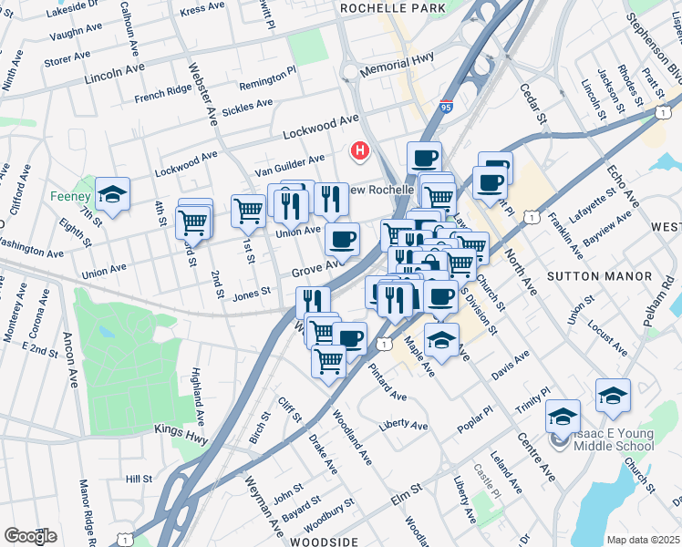 map of restaurants, bars, coffee shops, grocery stores, and more near 11 Crescent Avenue in New Rochelle