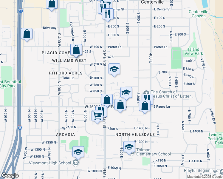 map of restaurants, bars, coffee shops, grocery stores, and more near 93 East 820 South in Centerville