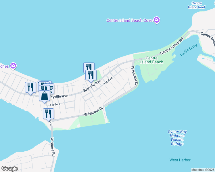 map of restaurants, bars, coffee shops, grocery stores, and more near 20 7th Street in Bayville