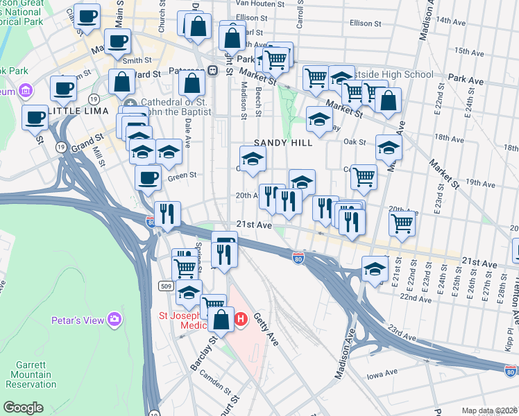 map of restaurants, bars, coffee shops, grocery stores, and more near 193 Beech Street in Paterson