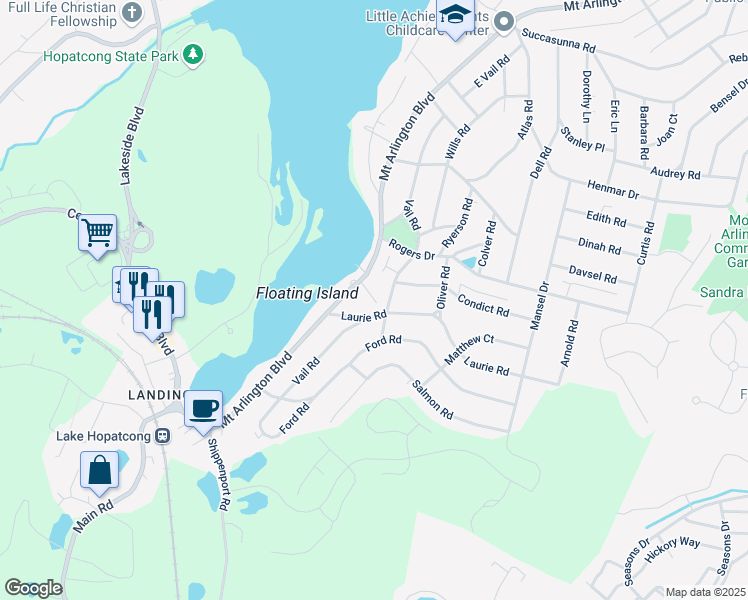 map of restaurants, bars, coffee shops, grocery stores, and more near 58 Vail Road in Roxbury Township