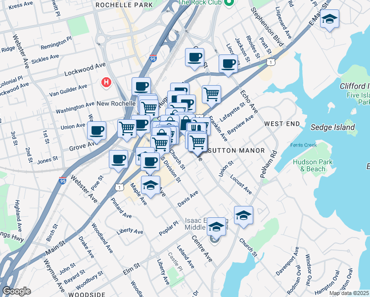 map of restaurants, bars, coffee shops, grocery stores, and more near in New Rochelle