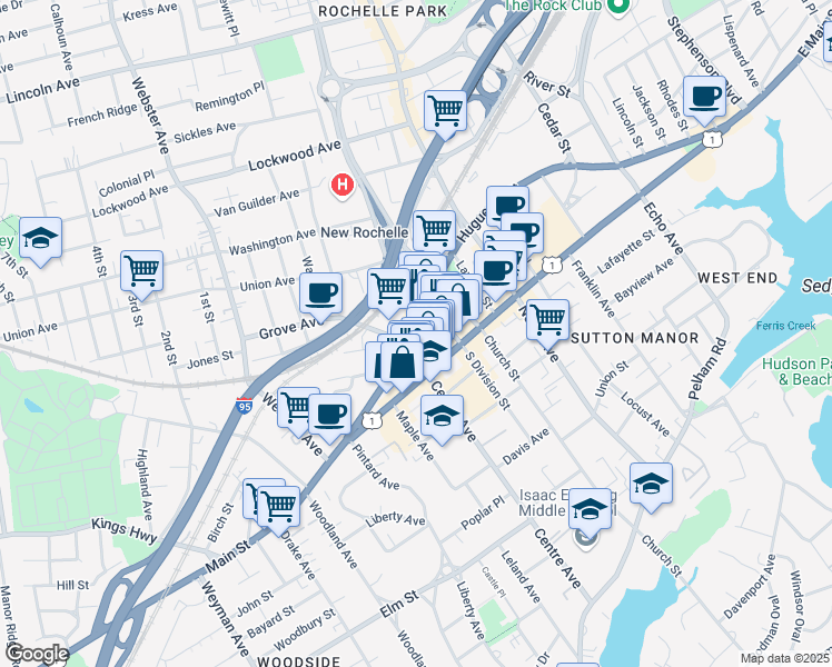 map of restaurants, bars, coffee shops, grocery stores, and more near 347 U.S. 1 in New Rochelle