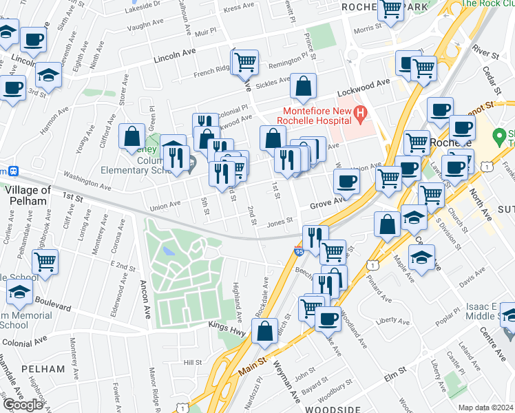 map of restaurants, bars, coffee shops, grocery stores, and more near 2 Lafayette Avenue in New Rochelle