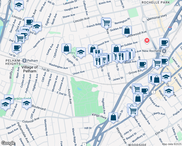 map of restaurants, bars, coffee shops, grocery stores, and more near 8 5th Street in New Rochelle