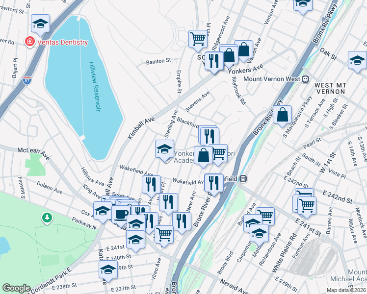map of restaurants, bars, coffee shops, grocery stores, and more near 185 1st Street in Yonkers