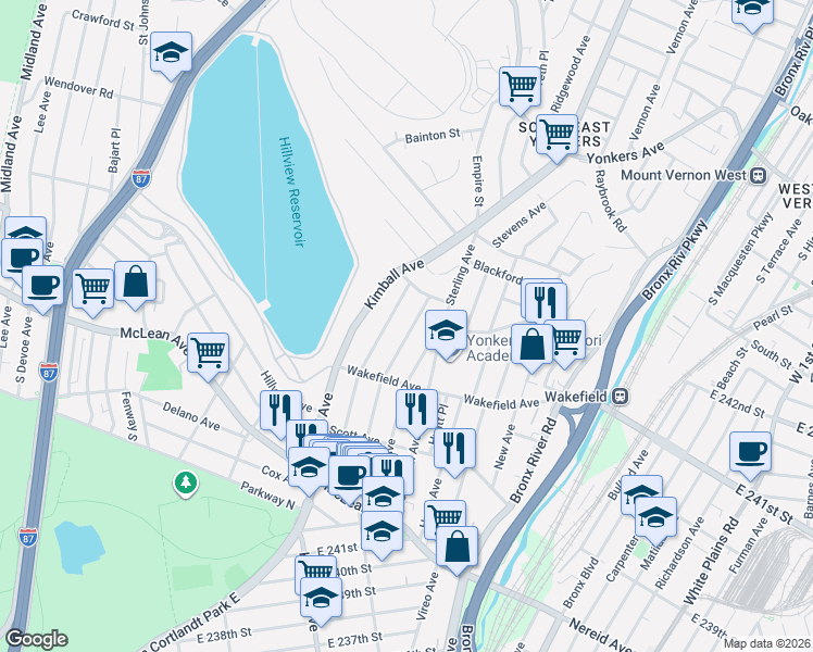 map of restaurants, bars, coffee shops, grocery stores, and more near 127 Glover Avenue in Yonkers