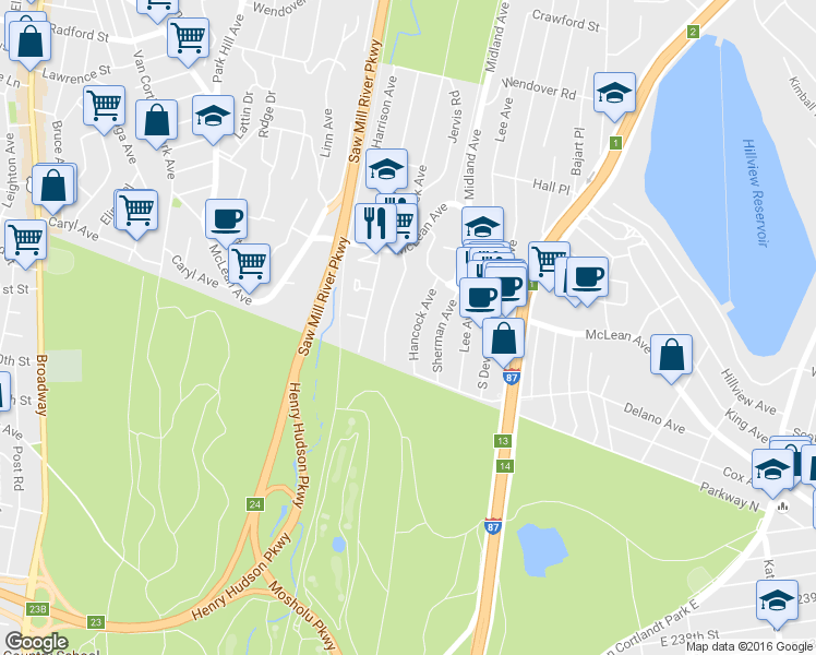 map of restaurants, bars, coffee shops, grocery stores, and more near 22 Sedgwick Avenue in Yonkers