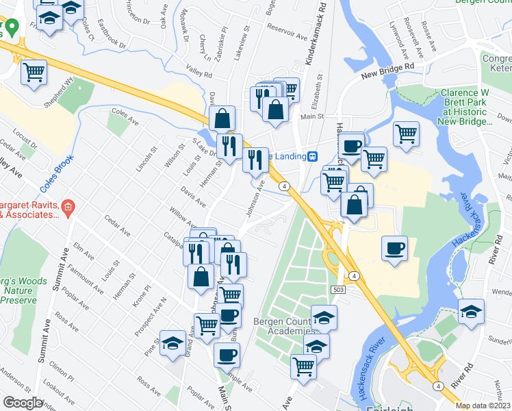 map of restaurants, bars, coffee shops, grocery stores, and more near 35 Jefferson Street in Hackensack