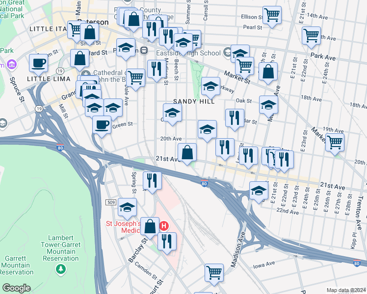 map of restaurants, bars, coffee shops, grocery stores, and more near 193 Beech Street in Paterson