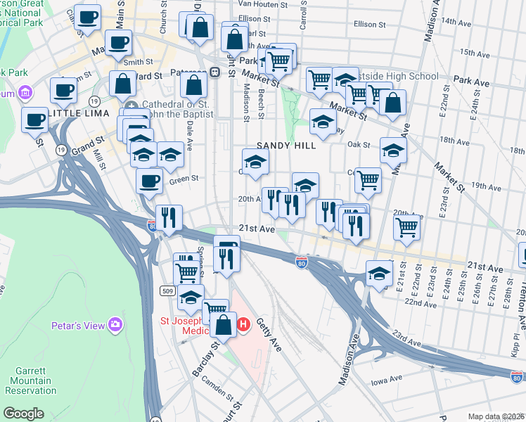 map of restaurants, bars, coffee shops, grocery stores, and more near 193 Beech Street in Paterson