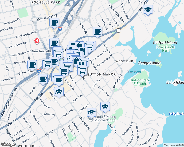 map of restaurants, bars, coffee shops, grocery stores, and more near 60 Locust Avenue in New Rochelle