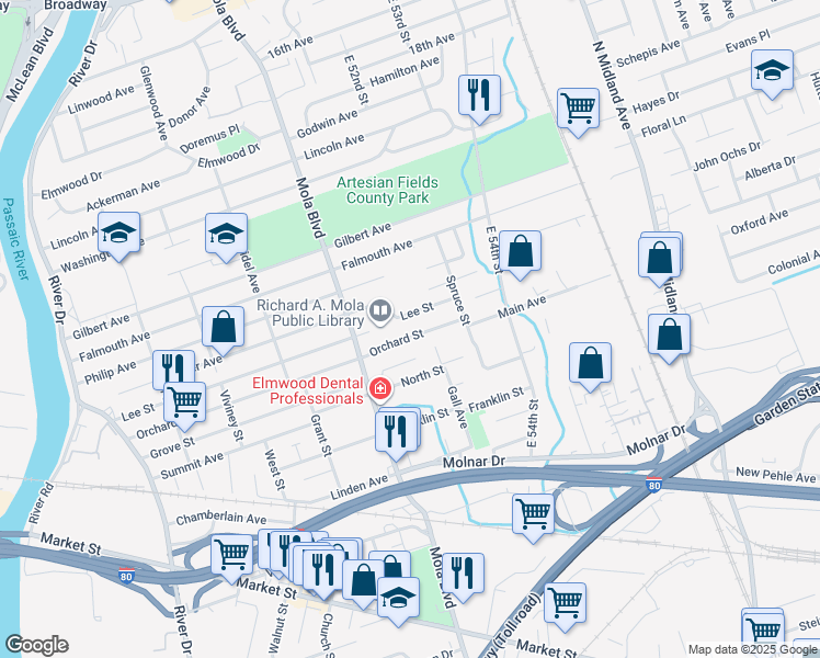 map of restaurants, bars, coffee shops, grocery stores, and more near 245 Orchard Street in Elmwood Park