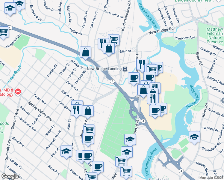 map of restaurants, bars, coffee shops, grocery stores, and more near 243 Kinderkamack Road in Hackensack