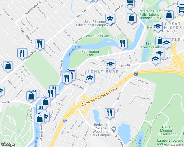 map of restaurants, bars, coffee shops, grocery stores, and more near 97 Carlisle Avenue in Paterson