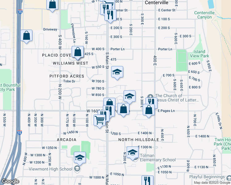 map of restaurants, bars, coffee shops, grocery stores, and more near 93 East 820 South in Centerville