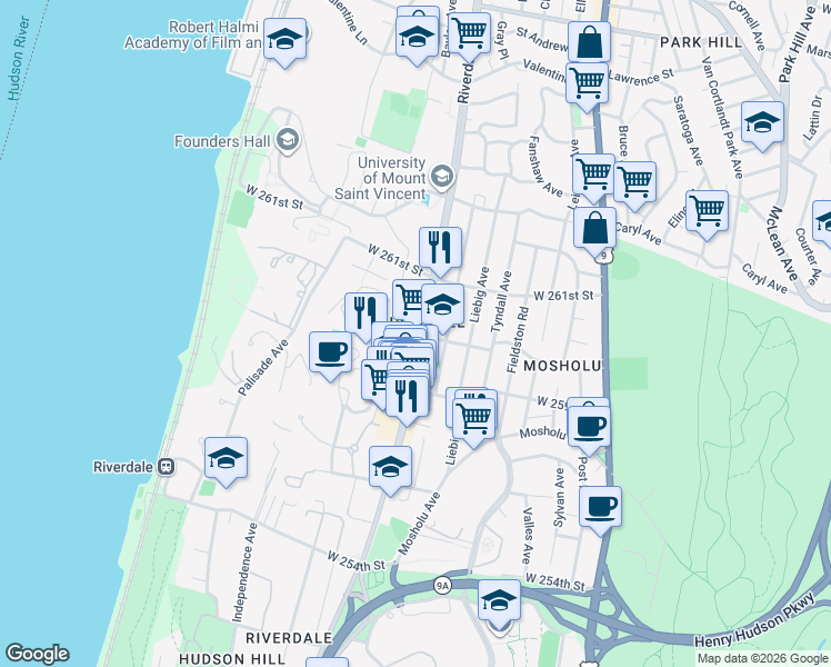 map of restaurants, bars, coffee shops, grocery stores, and more near 5940 Riverdale Avenue in Bronx