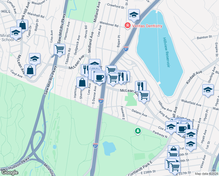 map of restaurants, bars, coffee shops, grocery stores, and more near 41 Agawam North in Yonkers