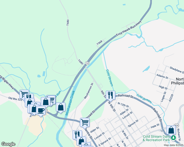 map of restaurants, bars, coffee shops, grocery stores, and more near 846 North 9th Street in Philipsburg