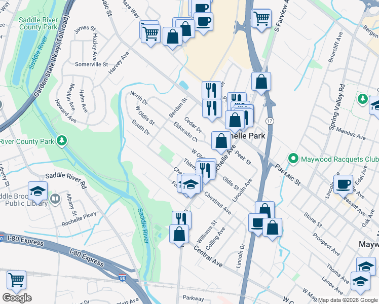 map of restaurants, bars, coffee shops, grocery stores, and more near 46 Thiem Avenue in Rochelle Park