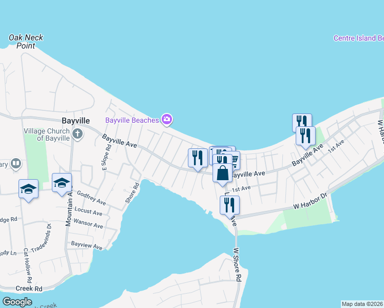 map of restaurants, bars, coffee shops, grocery stores, and more near 16 Monroe Avenue in Bayville