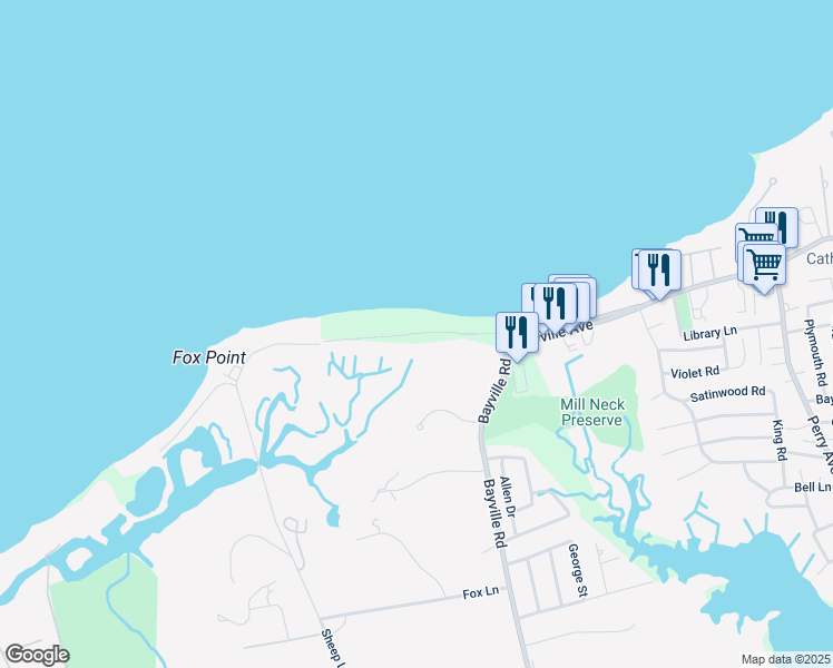 map of restaurants, bars, coffee shops, grocery stores, and more near Oak Neck Beach Road in Locust Valley