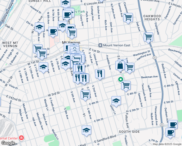 map of restaurants, bars, coffee shops, grocery stores, and more near 125 South 2nd Avenue in Mount Vernon