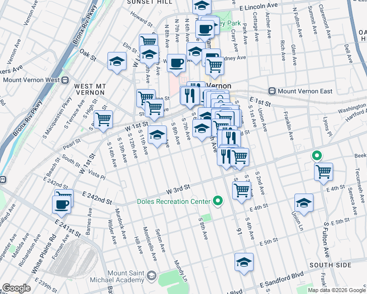 map of restaurants, bars, coffee shops, grocery stores, and more near 125 South 7th Avenue in Mount Vernon