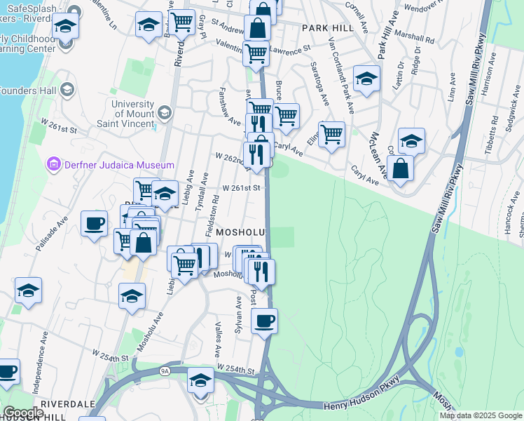 map of restaurants, bars, coffee shops, grocery stores, and more near 220 Whalen Street in Bronx