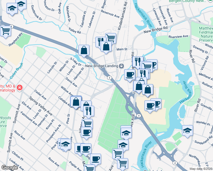 map of restaurants, bars, coffee shops, grocery stores, and more near 243 Kinderkamack Road in Hackensack