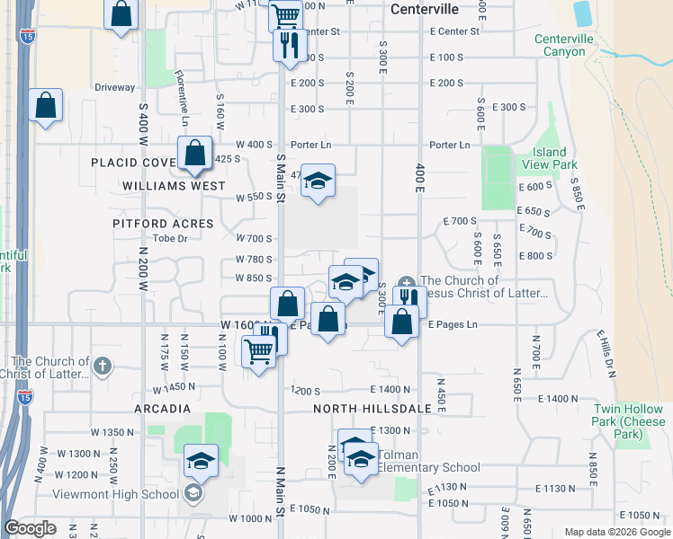 map of restaurants, bars, coffee shops, grocery stores, and more near 183 East 820 South in Centerville