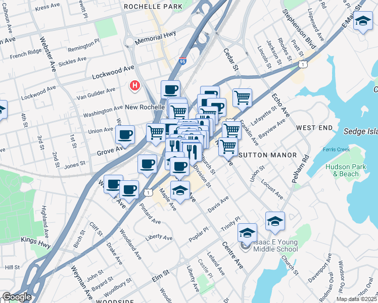 map of restaurants, bars, coffee shops, grocery stores, and more near 522 Main Street in New Rochelle