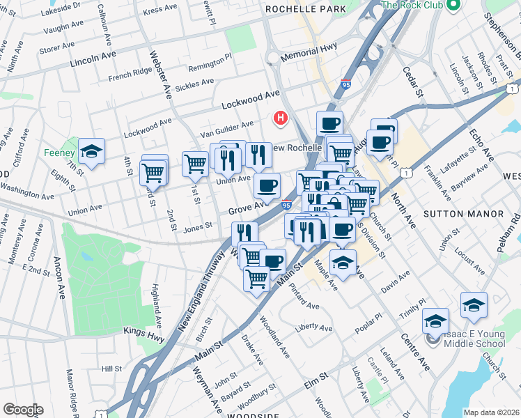 map of restaurants, bars, coffee shops, grocery stores, and more near 11 Crescent Avenue in New Rochelle