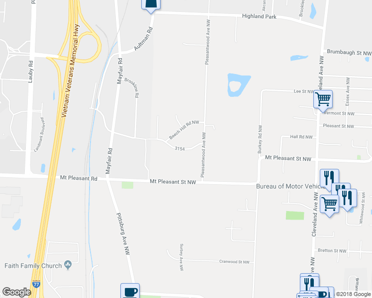 map of restaurants, bars, coffee shops, grocery stores, and more near 3831 3154 in North Canton