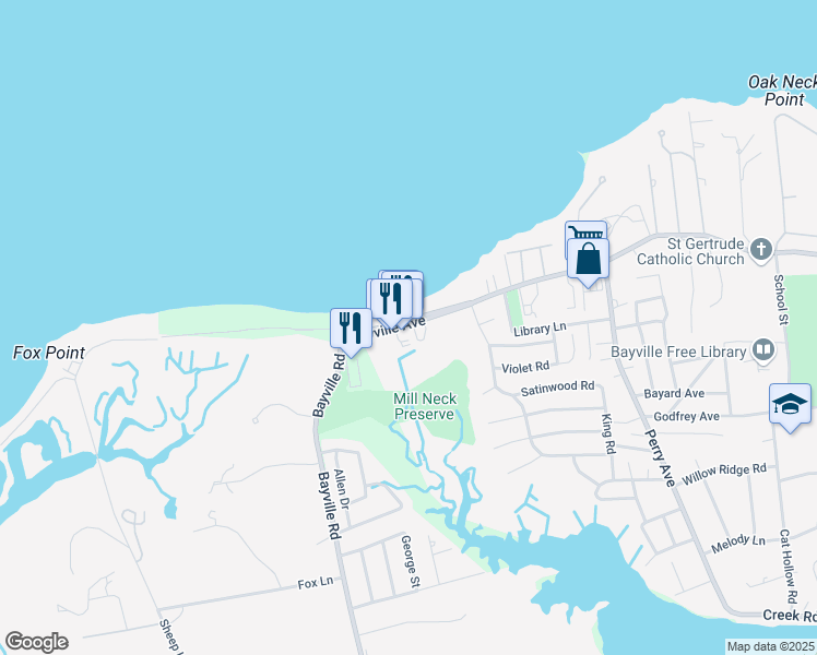 map of restaurants, bars, coffee shops, grocery stores, and more near 18 Wilson Avenue in Bayville