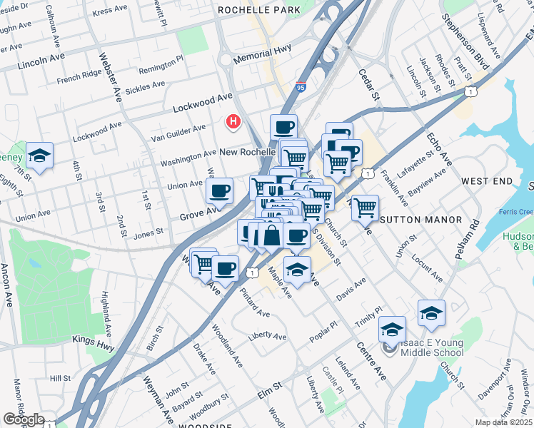 map of restaurants, bars, coffee shops, grocery stores, and more near 347 U.S. 1 in New Rochelle