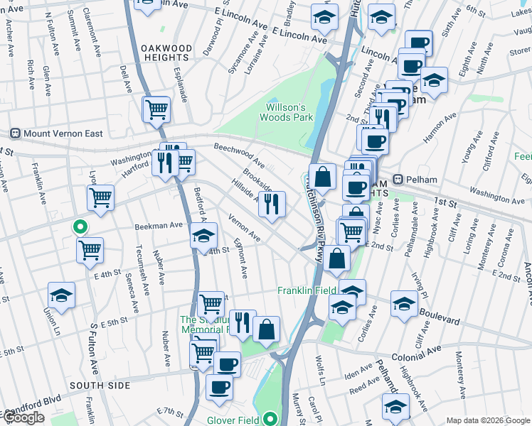 map of restaurants, bars, coffee shops, grocery stores, and more near 543 Martin Luther King Boulevard in Mount Vernon
