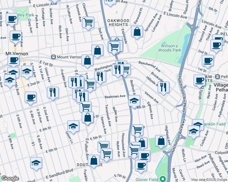 map of restaurants, bars, coffee shops, grocery stores, and more near 82 Beekman Avenue in Mount Vernon