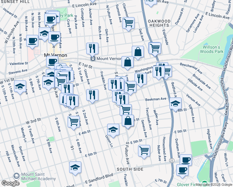map of restaurants, bars, coffee shops, grocery stores, and more near 206 South Fulton Avenue in Mount Vernon