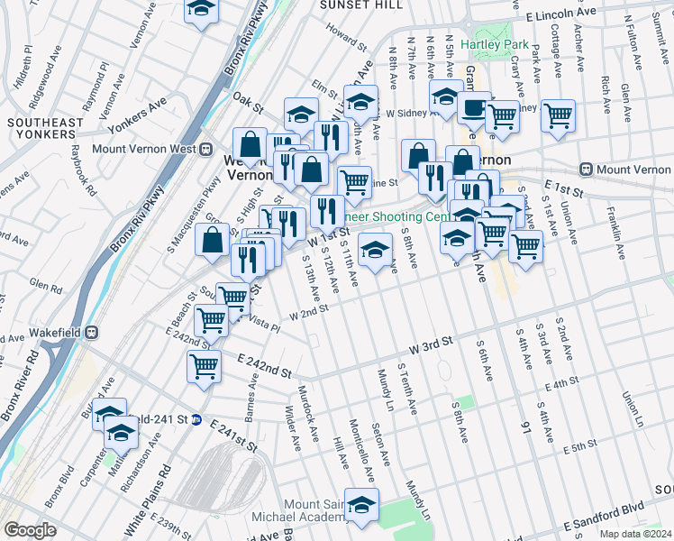 map of restaurants, bars, coffee shops, grocery stores, and more near 53 South 12th Avenue in Mount Vernon