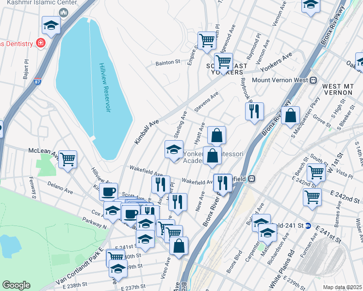 map of restaurants, bars, coffee shops, grocery stores, and more near 20 Glen Road in Yonkers