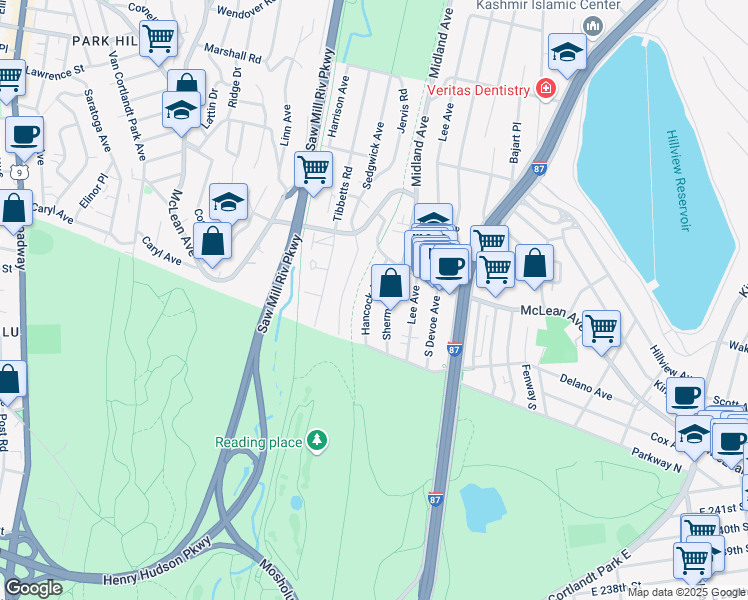 map of restaurants, bars, coffee shops, grocery stores, and more near 30 Sherman Avenue in Yonkers