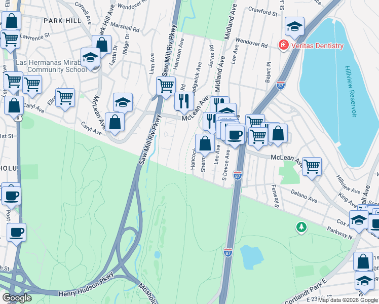 map of restaurants, bars, coffee shops, grocery stores, and more near 22 Sedgwick Avenue in Yonkers