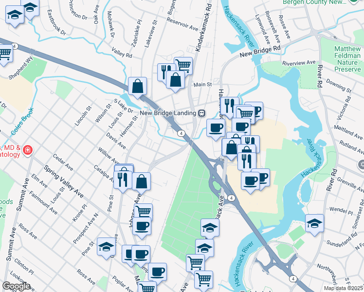 map of restaurants, bars, coffee shops, grocery stores, and more near 243 Kinderkamack Road in Hackensack