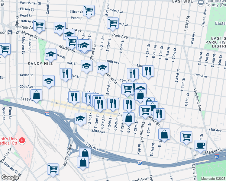 map of restaurants, bars, coffee shops, grocery stores, and more near 395 20th Avenue in Paterson