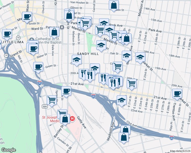 map of restaurants, bars, coffee shops, grocery stores, and more near 61 State Street in Paterson