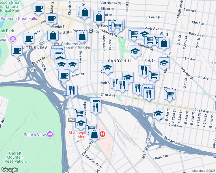 map of restaurants, bars, coffee shops, grocery stores, and more near 193 Beech Street in Paterson