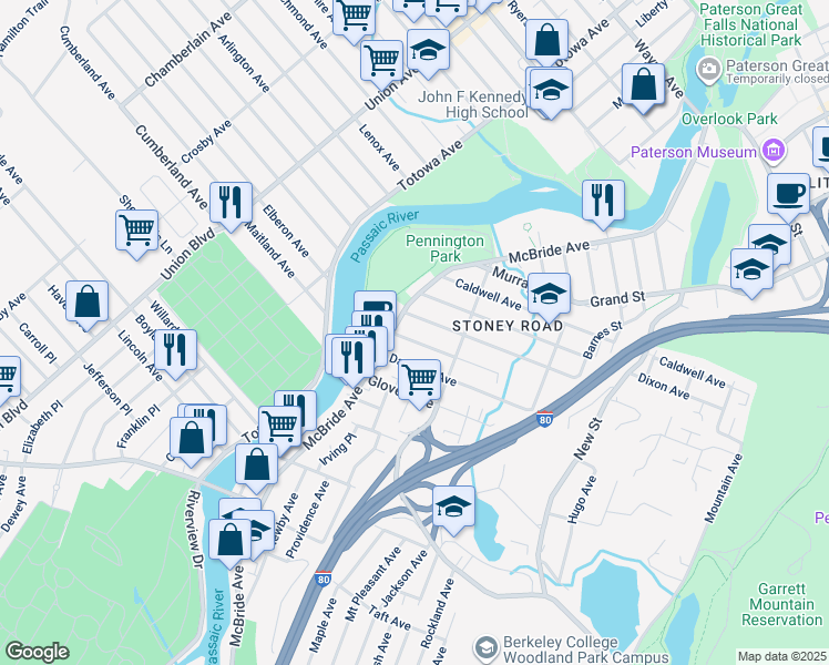 map of restaurants, bars, coffee shops, grocery stores, and more near 45 Danforth Avenue in Paterson